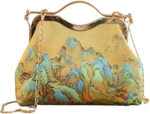 Women’s Vintage Embroidered Tote Bag | Classic Evening Purse with Chain | Elegant Shoulder Bag for Weddings & Parties