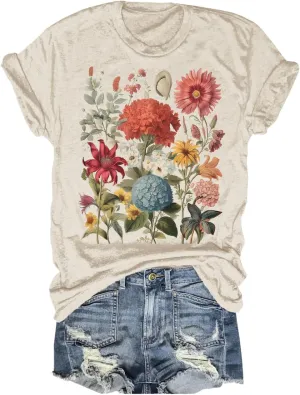 Women's Vintage Flowers Shirt Casual Boho Floral Printed T-Shirt Sunflower Wildflowers Graphic Tees Tops for Girl