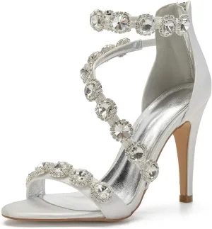 Women's Wedding Bridal Sandals High Heel Strap Crystal Zipper Back Formal Evening Prom Party Dress Shoes