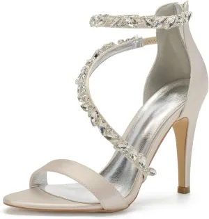 Women's Wedding Bridal Satin Heels Sandals Mid Heels Ankle Strap Crystal Zipper Back Formal Evening Prom Party Dress Shoes Pumps
