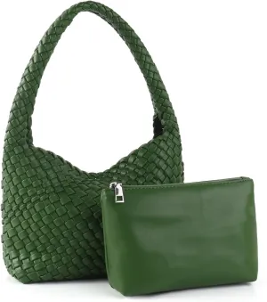 Woven Bag for Women, Vegan Leather Handbag and Purse Shoulder Bag Casual Retro Beach Totes Ladies Underarm Bag