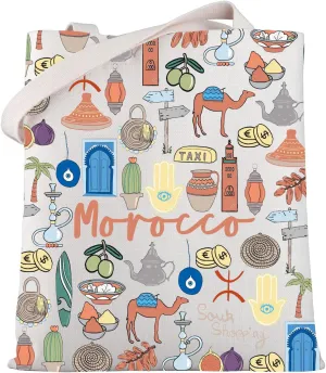 WSNANG Morocco Vacation Gift Morocco Travel Canvas Tote Bag Morocco Souvenir Shopping Bag Moroccan Landmarks Gift