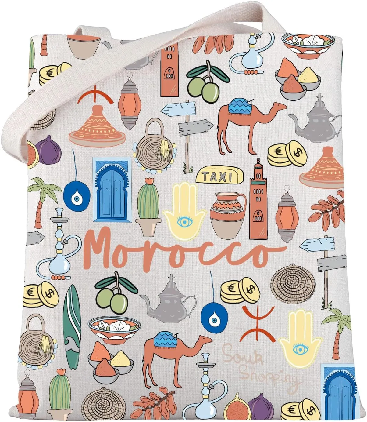 WSNANG Morocco Vacation Gift Morocco Travel Canvas Tote Bag Morocco Souvenir Shopping Bag Moroccan Landmarks Gift