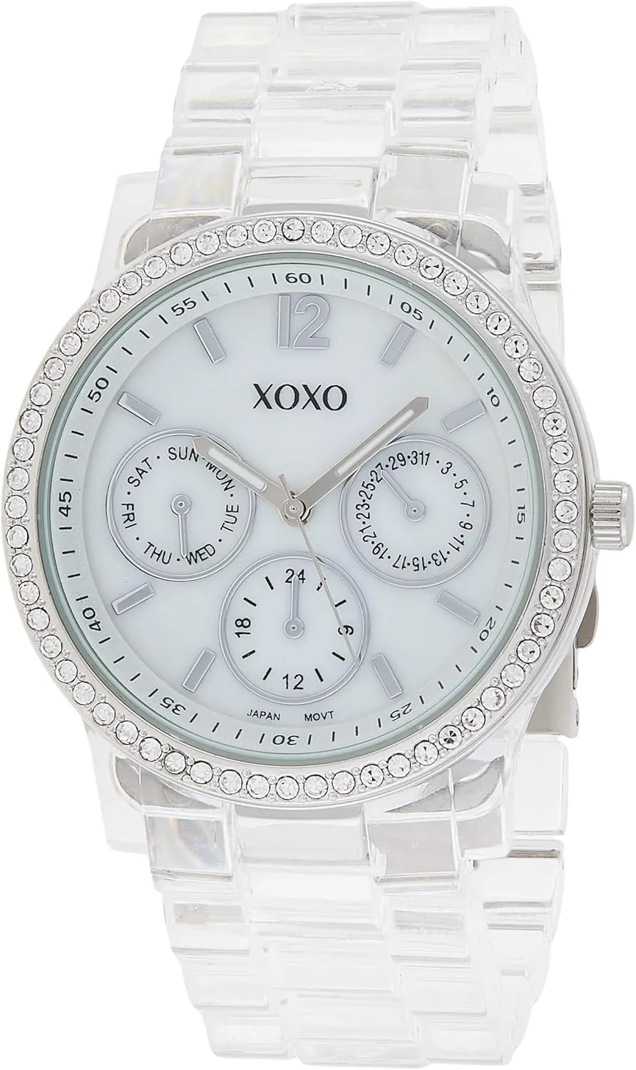XOXO Women's Fashion Watch with Crystal Bezel Accents and Clear Resin Bracelet, Faux Chronograph Design, Quartz Movement, 38mm Case, Fits Wrists 5.5" to 8"