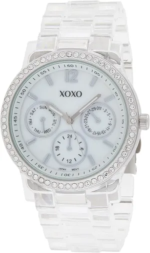 XOXO Women's Fashion Watch with Crystal Bezel Accents and Clear Resin Bracelet, Faux Chronograph Design, Quartz Movement, 38mm Case, Fits Wrists 5.5" to 8"