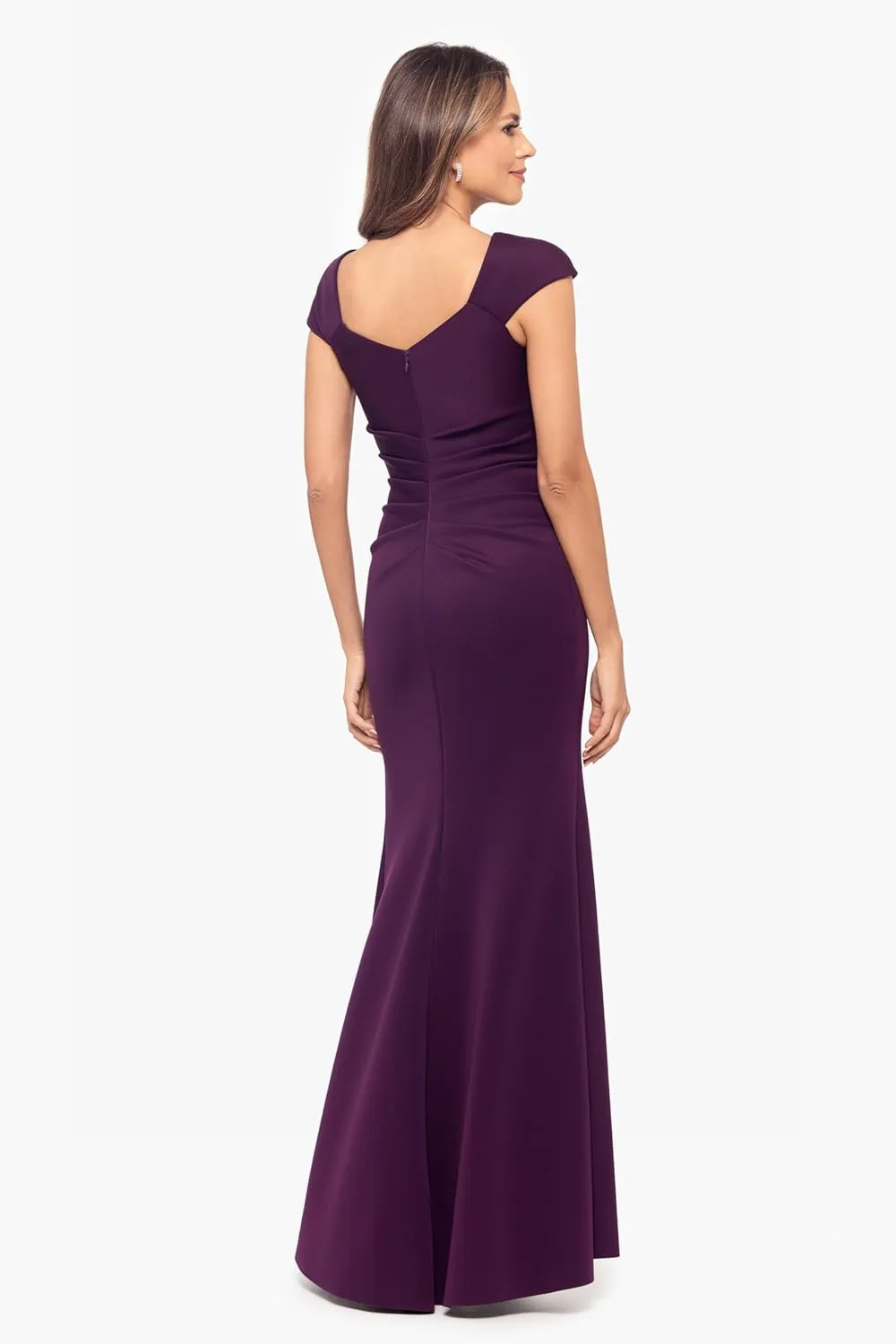 Xscape Women's Asymmetrical Neck Cap Sleeve Ruched High Slit Gown