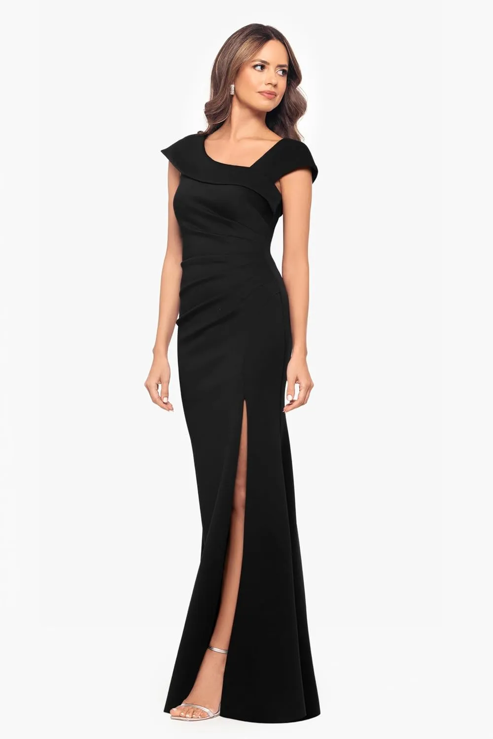 Xscape Women's Asymmetrical Neck Cap Sleeve Ruched High Slit Gown