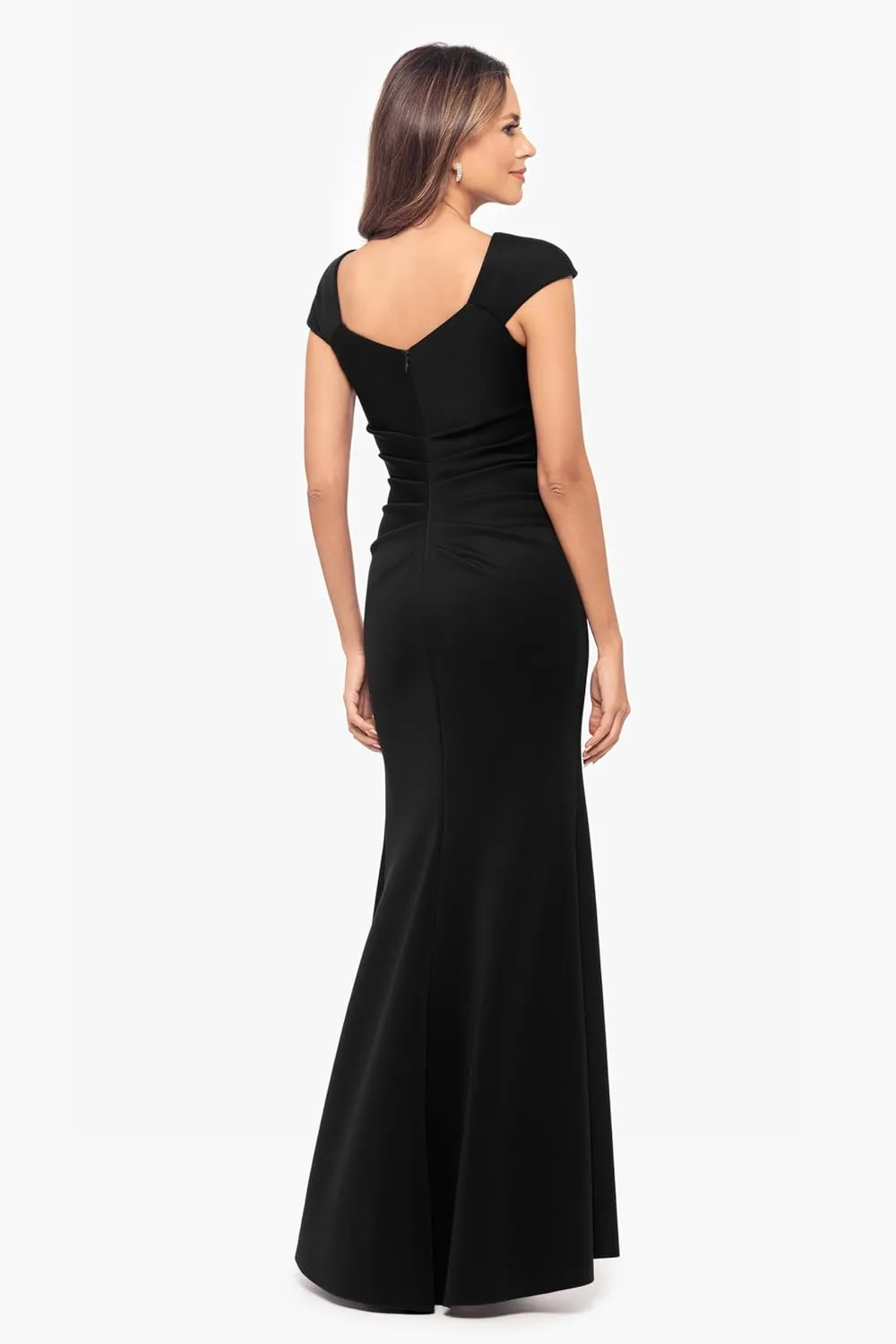 Xscape Women's Asymmetrical Neck Cap Sleeve Ruched High Slit Gown