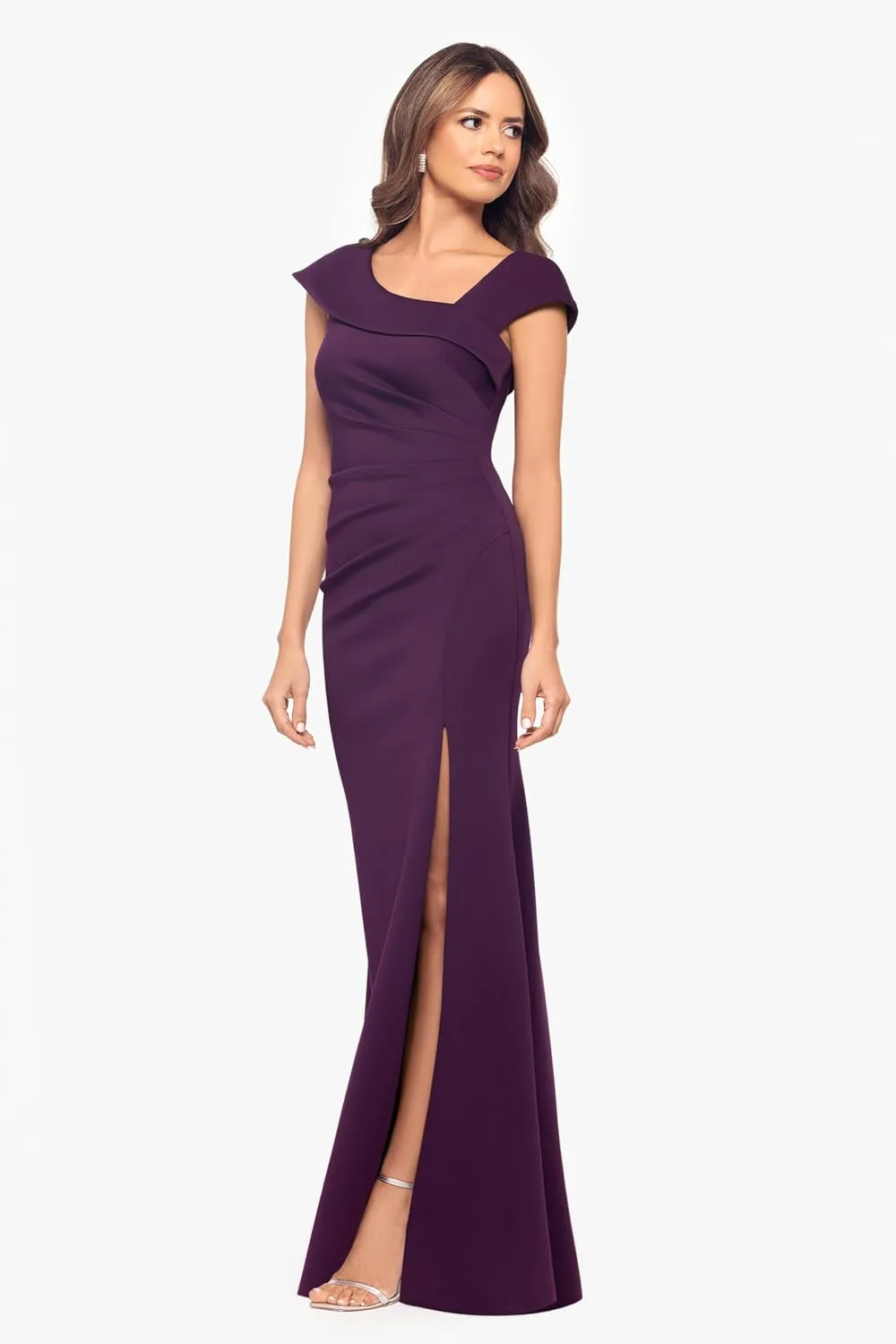 Xscape Women's Asymmetrical Neck Cap Sleeve Ruched High Slit Gown