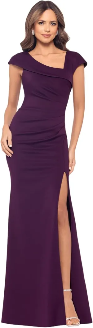 Xscape Women's Asymmetrical Neck Cap Sleeve Ruched High Slit Gown