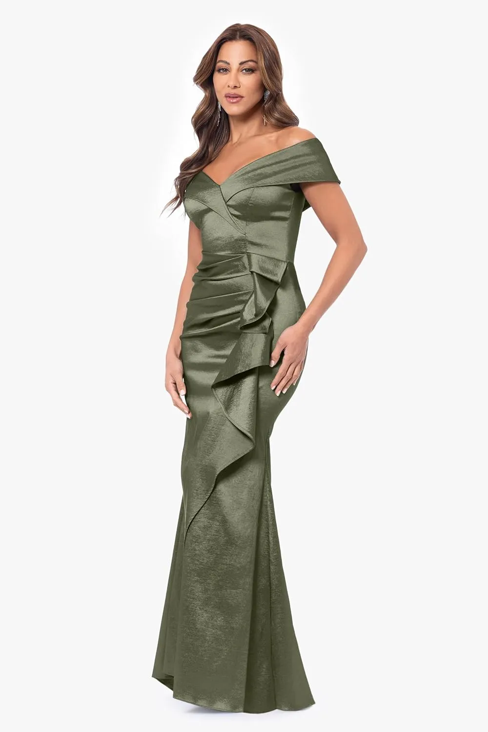 Xscape Women's Off-The-Shoulder Sweetheart Neck Taffeta Gown with Side Sweep Detail