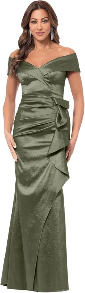 Xscape Women's Off-The-Shoulder Sweetheart Neck Taffeta Gown with Side Sweep Detail