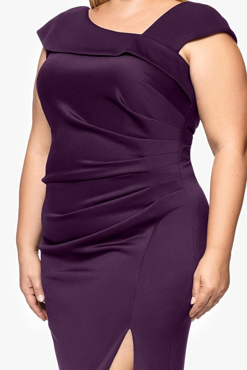 Xscape Women's Plus Asymmetrical Neck Cap Sleeve Ruched High Slit Gown