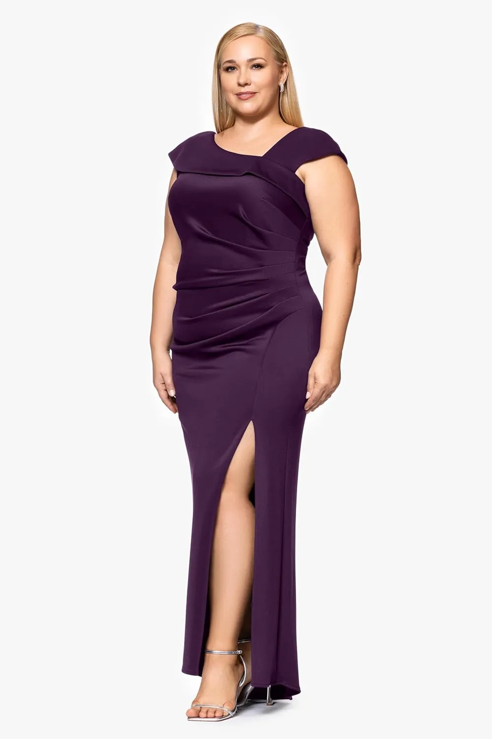 Xscape Women's Plus Asymmetrical Neck Cap Sleeve Ruched High Slit Gown