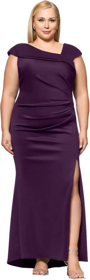 Xscape Women's Plus Asymmetrical Neck Cap Sleeve Ruched High Slit Gown