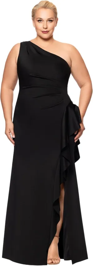 Xscape Women's Plus One Shoulder Ruffle Bodice Floor Length Side Slit Evening Dress