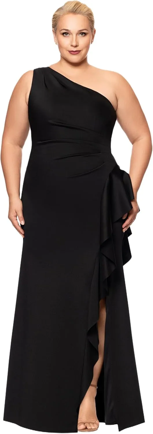 Xscape Women's Plus One Shoulder Ruffle Bodice Floor Length Side Slit Evening Dress