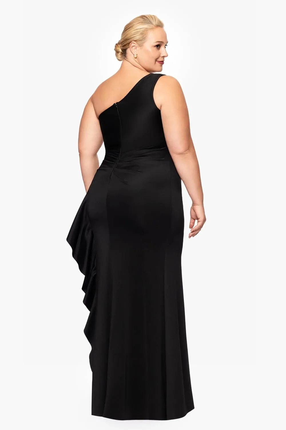 Xscape Women's Plus One Shoulder Ruffle Bodice Floor Length Side Slit Evening Dress