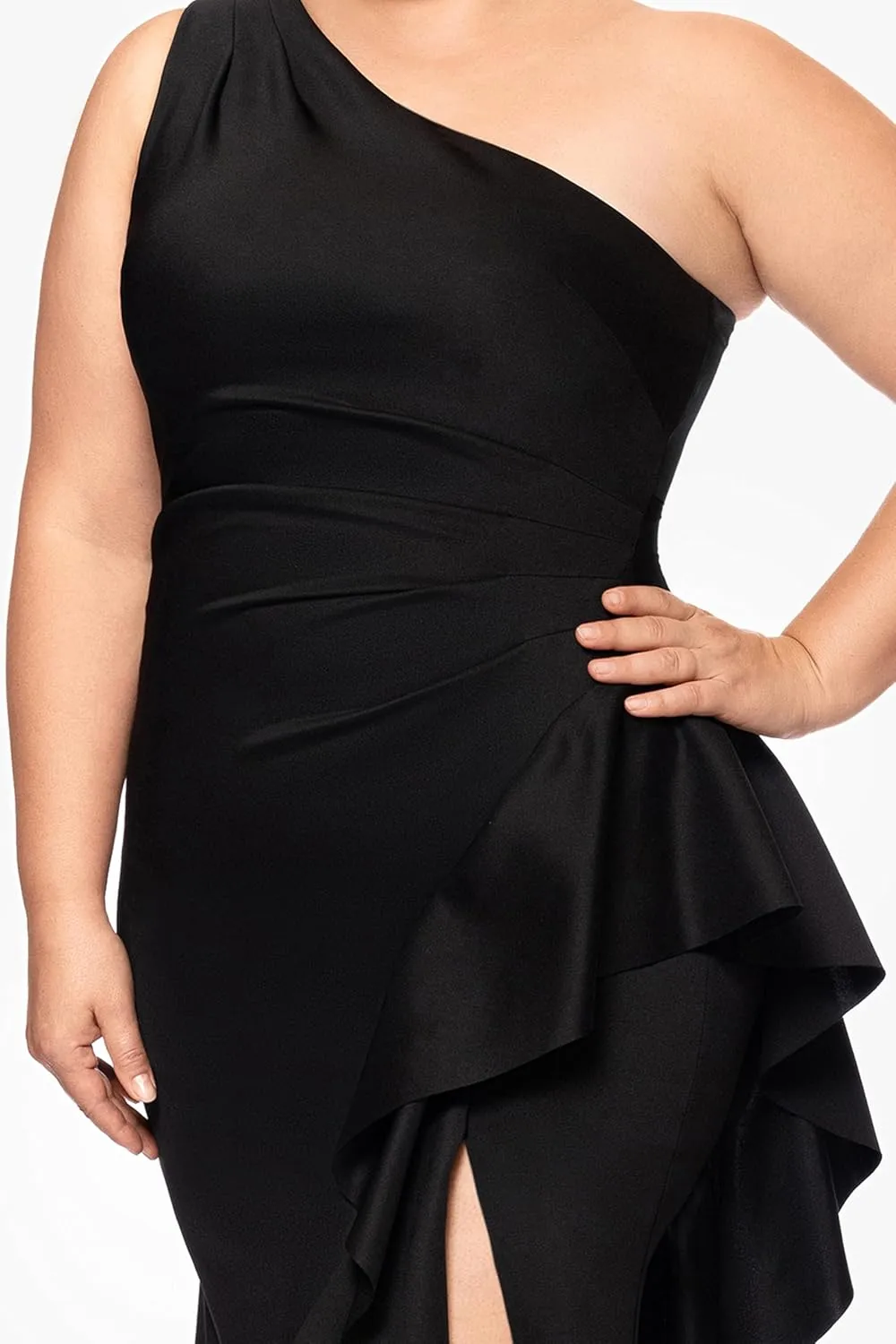 Xscape Women's Plus One Shoulder Ruffle Bodice Floor Length Side Slit Evening Dress