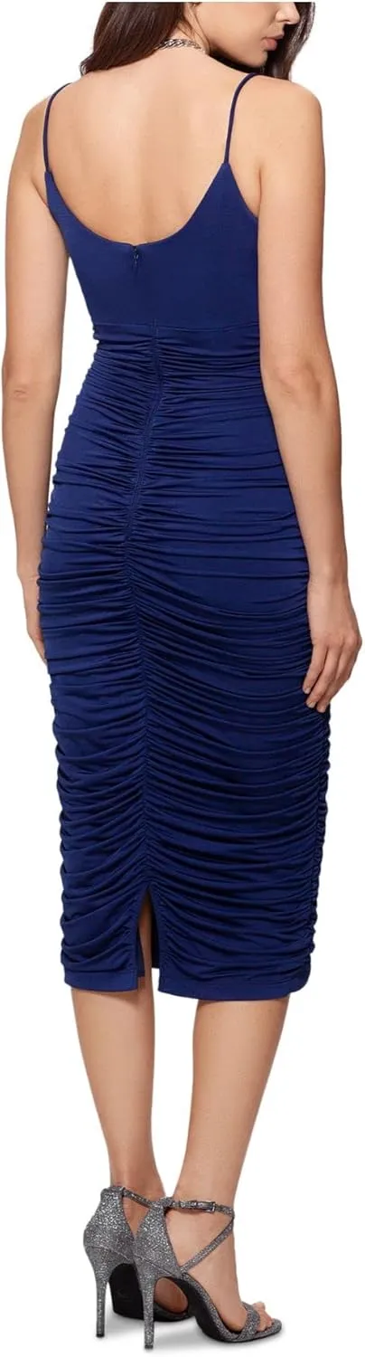 Xscape Womens Ruched Zippered Molded Cups Lined Side Vented Spaghetti Strap Sweetheart Neckline Midi Evening Body Con Dress
