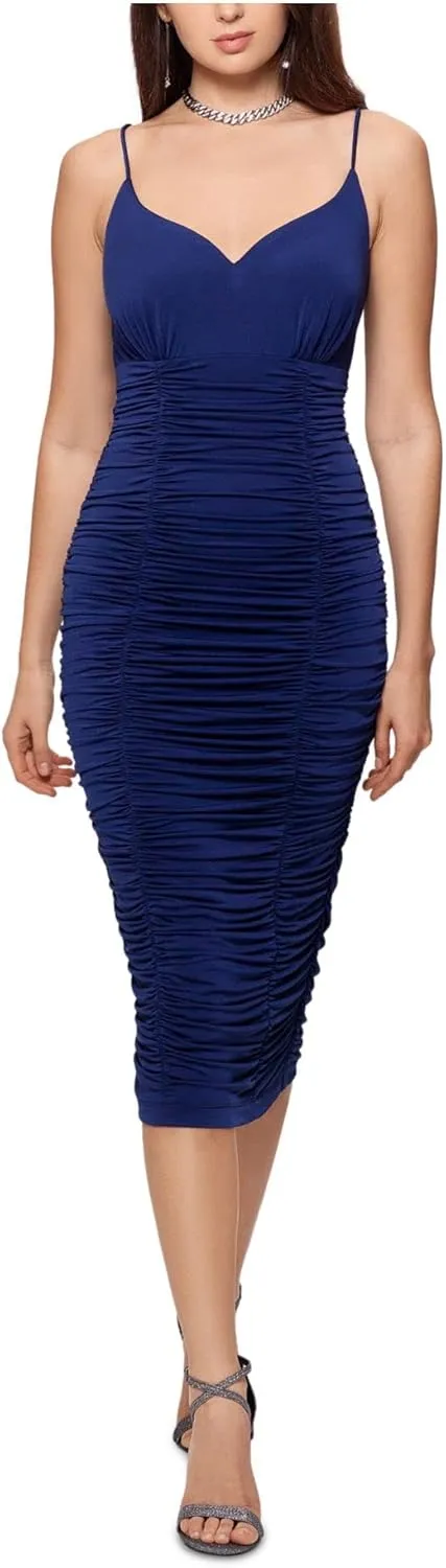 Xscape Womens Ruched Zippered Molded Cups Lined Side Vented Spaghetti Strap Sweetheart Neckline Midi Evening Body Con Dress