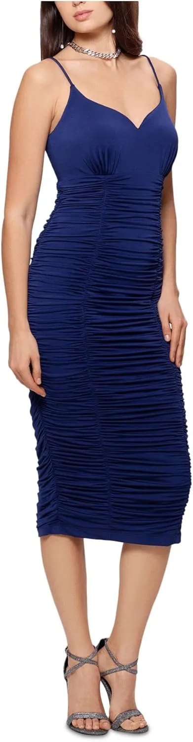 Xscape Womens Ruched Zippered Molded Cups Lined Side Vented Spaghetti Strap Sweetheart Neckline Midi Evening Body Con Dress