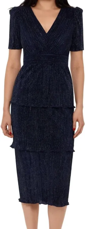 Xscape Womens Short Sleeve V Neck Midi Evening Sheath Dress