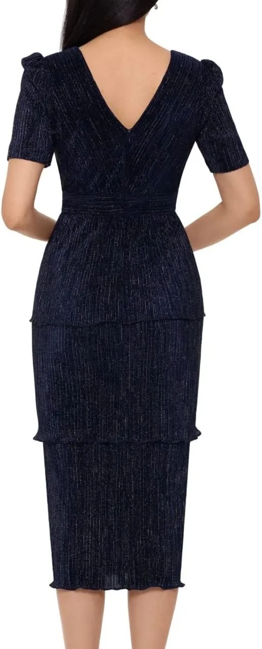 Xscape Womens Short Sleeve V Neck Midi Evening Sheath Dress