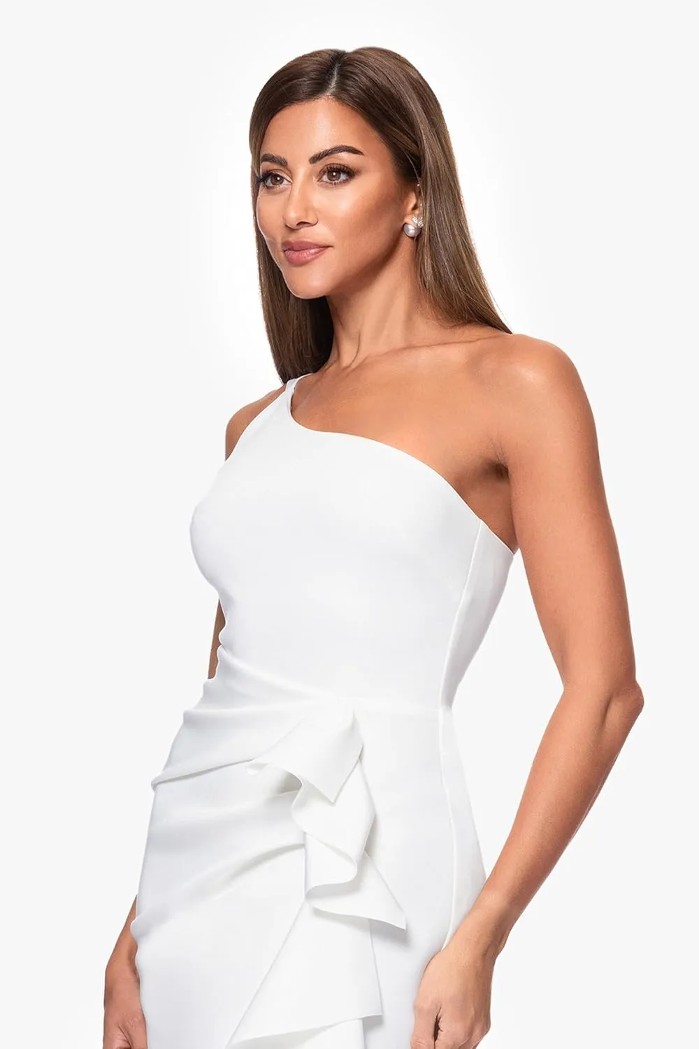 Xscape Women's Sleeveless One Shoulder Scuba Ruffle Midi Dress