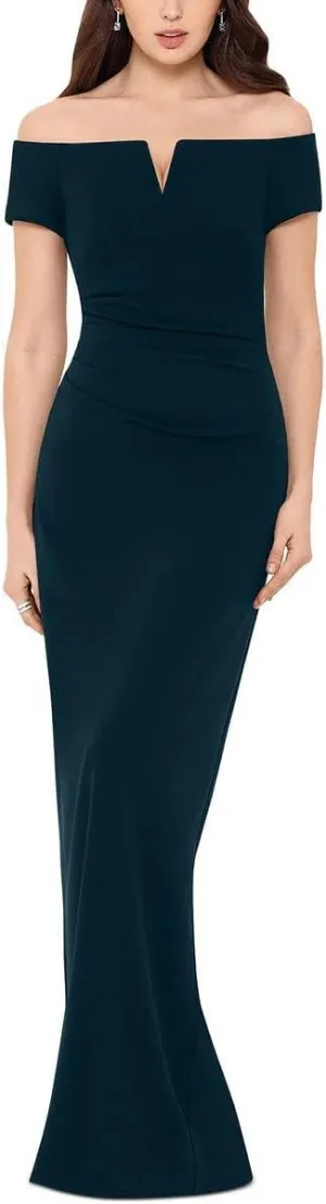 Xscape X Womens Knit Off-The-Shoulder Evening Dress Green 4