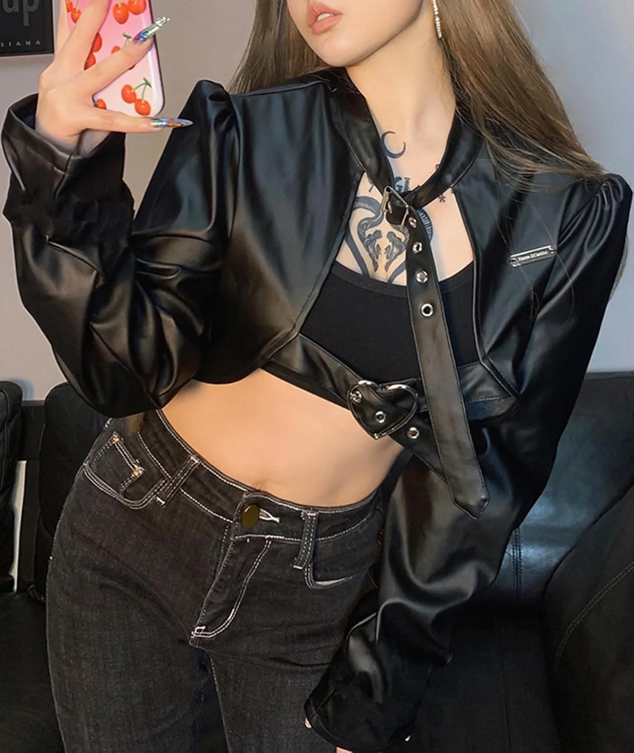 xxxiticat Women's Faux Leather Cropped Jacket Puff Sleeve Halter Neck Heart Metal Circle Closure Buckle Motorcycle Coats