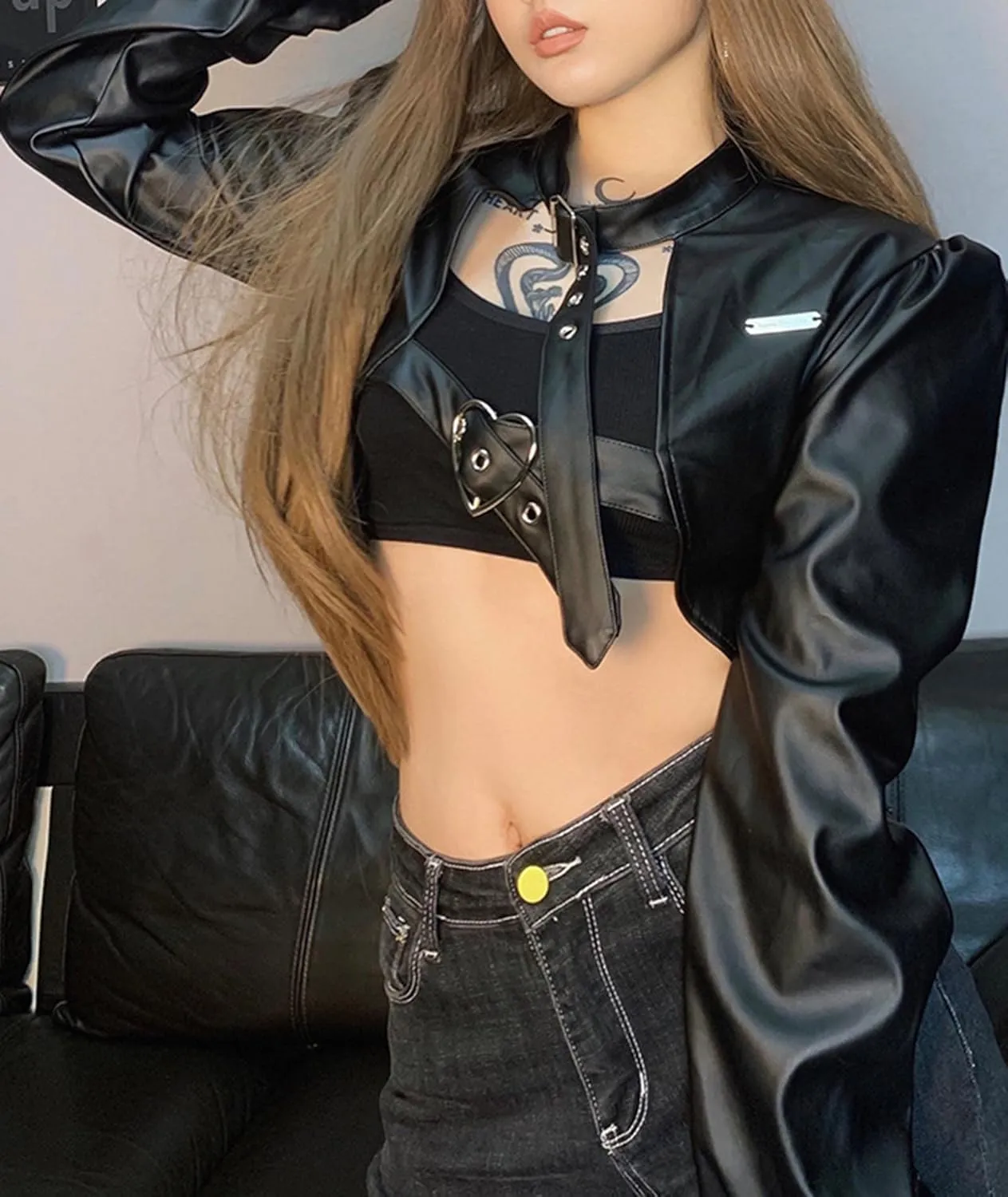xxxiticat Women's Faux Leather Cropped Jacket Puff Sleeve Halter Neck Heart Metal Circle Closure Buckle Motorcycle Coats