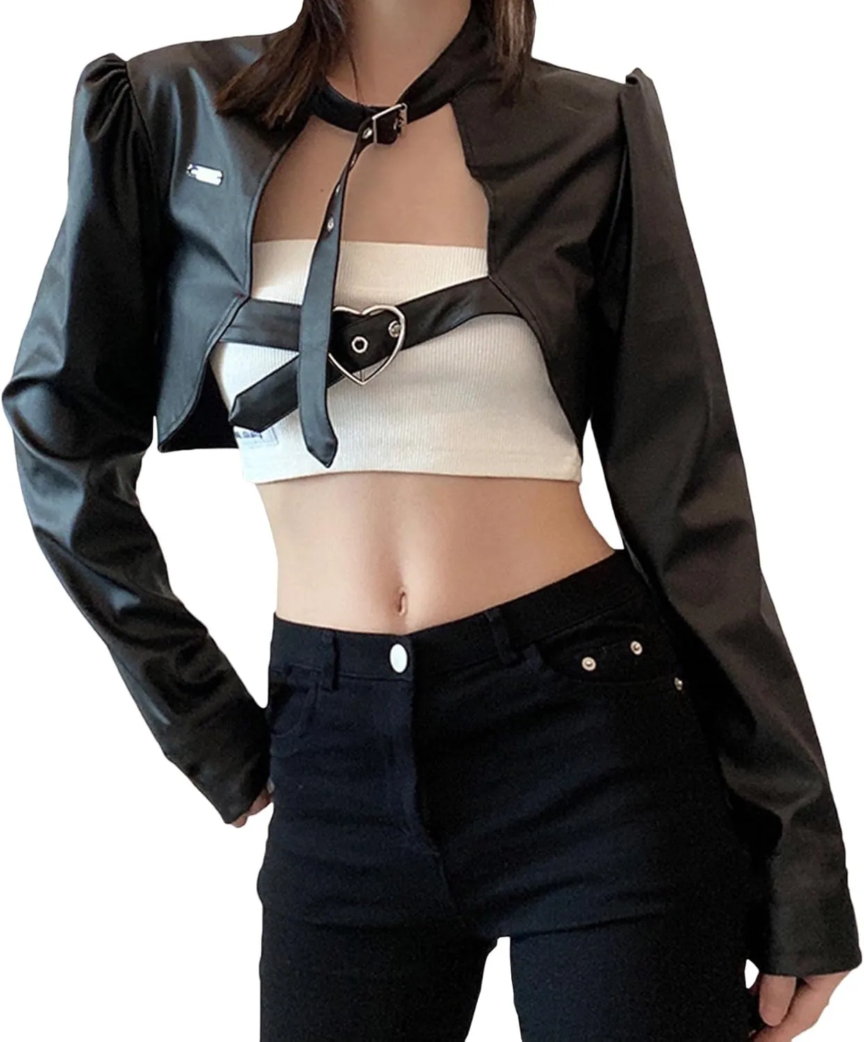 xxxiticat Women's Faux Leather Cropped Jacket Puff Sleeve Halter Neck Heart Metal Circle Closure Buckle Motorcycle Coats