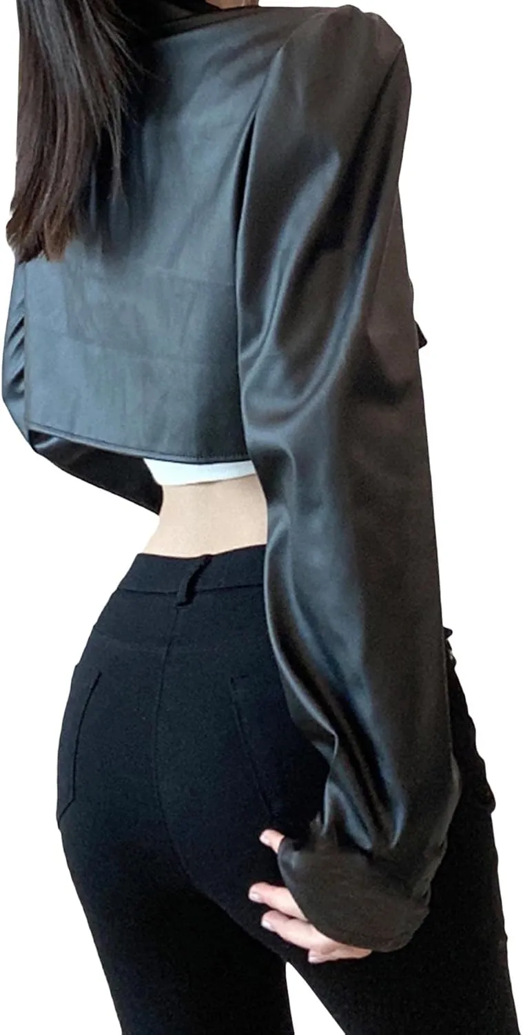 xxxiticat Women's Faux Leather Cropped Jacket Puff Sleeve Halter Neck Heart Metal Circle Closure Buckle Motorcycle Coats