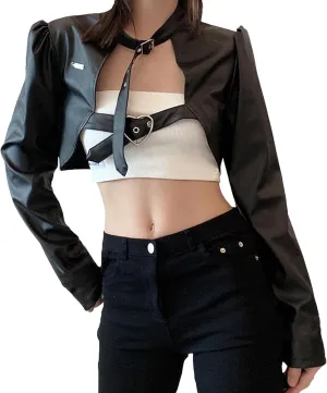 xxxiticat Women's Faux Leather Cropped Jacket Puff Sleeve Halter Neck Heart Metal Circle Closure Buckle Motorcycle Coats