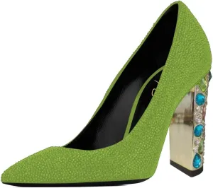 XYD Women Full Rhinestones Closed Pointed Toe Pumps Slip On Studded High Chunky Gem Heel Wedding Dance Prom Shoes