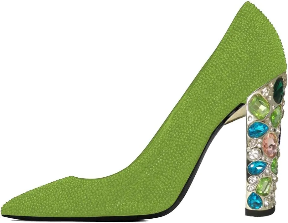 XYD Women Full Rhinestones Closed Pointed Toe Pumps Slip On Studded High Chunky Gem Heel Wedding Dance Prom Shoes