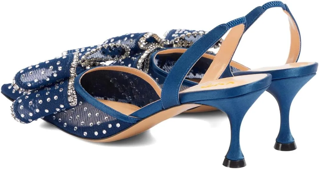 XYD Women Mesh Crystal Studs Pumps Two Layered Bows Thin Low Heel Pointed Toe Slingback Shoes for Wedding Evening