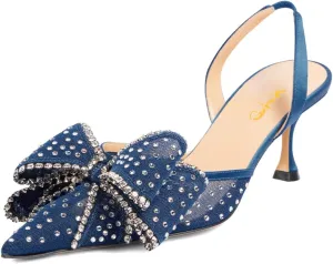 XYD Women Mesh Crystal Studs Pumps Two Layered Bows Thin Low Heel Pointed Toe Slingback Shoes for Wedding Evening