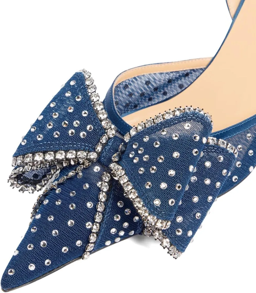 XYD Women Mesh Crystal Studs Pumps Two Layered Bows Thin Low Heel Pointed Toe Slingback Shoes for Wedding Evening
