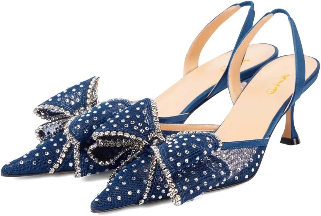 XYD Women Mesh Crystal Studs Pumps Two Layered Bows Thin Low Heel Pointed Toe Slingback Shoes for Wedding Evening