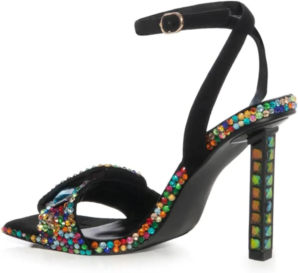 XYD Women Square Open Toe Buckle Ankle Strap Sparkling High Heel Sandals Bejeweled Rhinestone Bridal Evening Party Summer Fancy Pumps Shoes