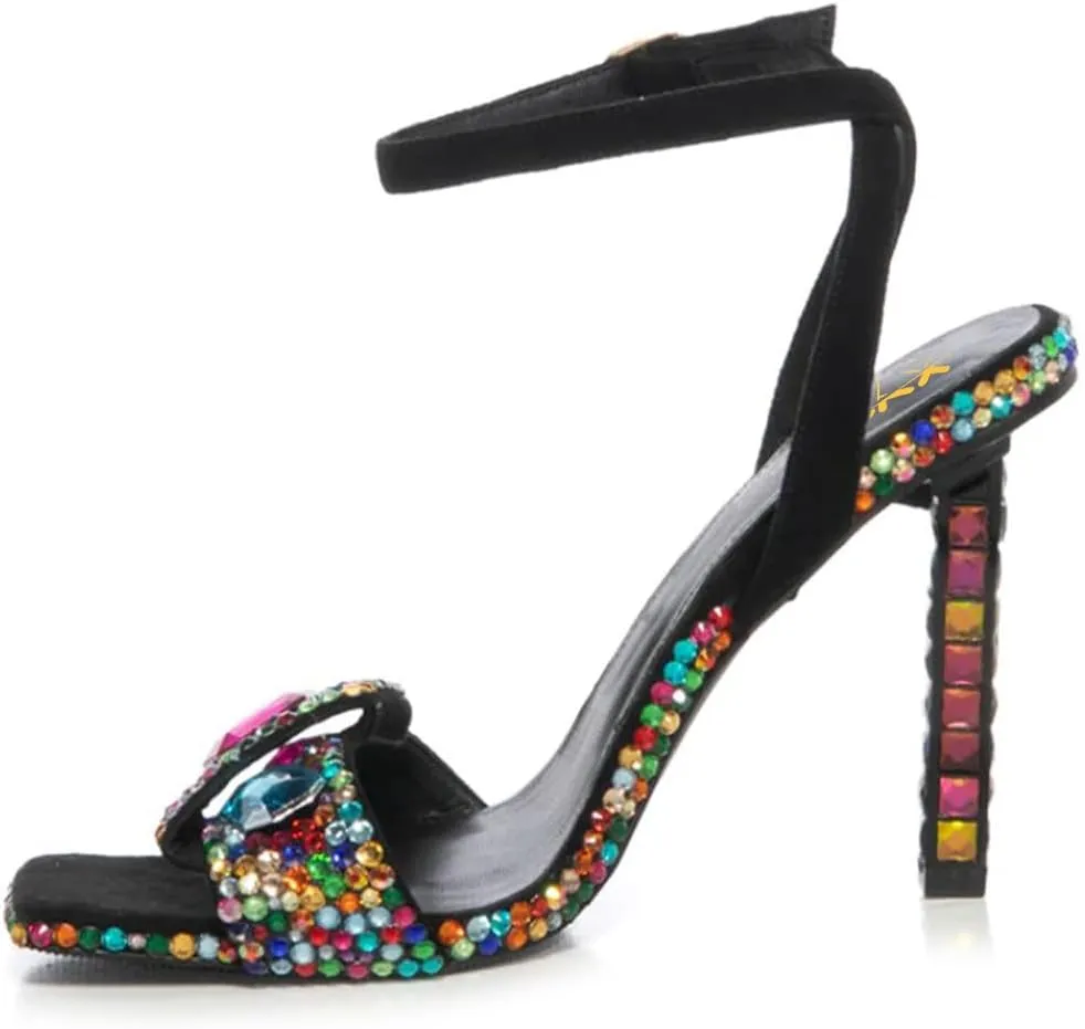 XYD Women Square Open Toe Buckle Ankle Strap Sparkling High Heel Sandals Bejeweled Rhinestone Bridal Evening Party Summer Fancy Pumps Shoes