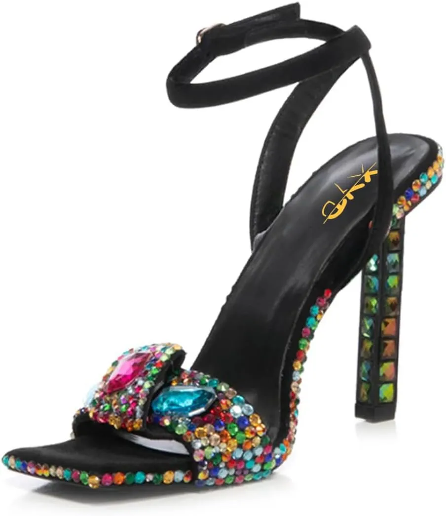 XYD Women Square Open Toe Buckle Ankle Strap Sparkling High Heel Sandals Bejeweled Rhinestone Bridal Evening Party Summer Fancy Pumps Shoes