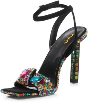 XYD Women Square Open Toe Buckle Ankle Strap Sparkling High Heel Sandals Bejeweled Rhinestone Bridal Evening Party Summer Fancy Pumps Shoes
