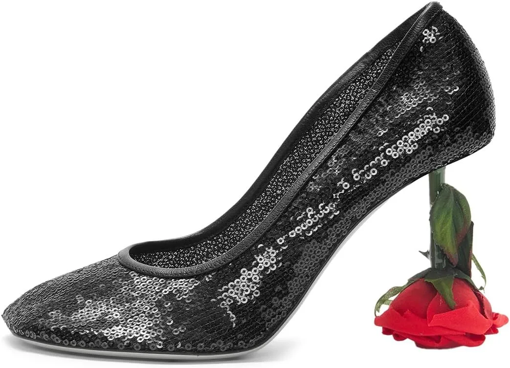 XYD Women's Romantic Rose Heel (100mm) Square Round Toe Slip On Pumps Bridal Formal Event Evening Dress Shoes