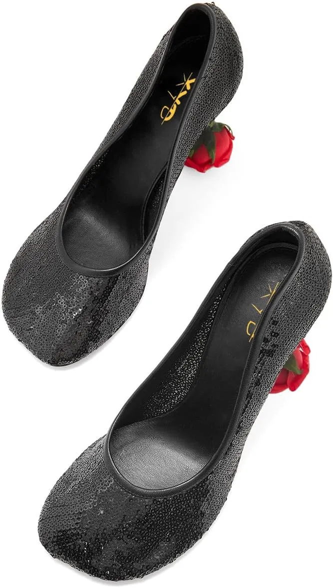 XYD Women's Romantic Rose Heel (100mm) Square Round Toe Slip On Pumps Bridal Formal Event Evening Dress Shoes