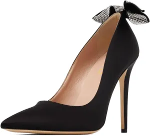 XYD Women's Sexy Classic Pointed Toe High Heels Back Rhinestone Bow Tie Slip On Pumps Stiletto Wedding Dress Party Satin Bridal Shoes