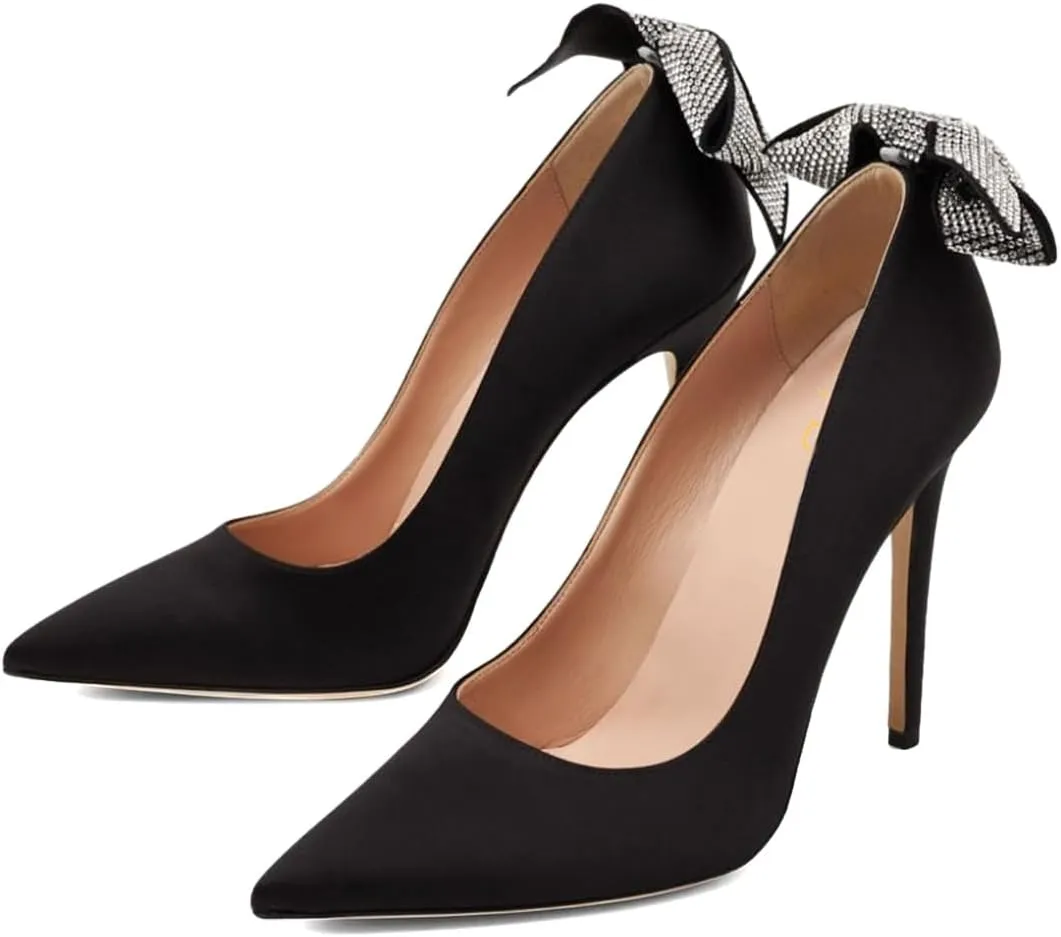 XYD Women's Sexy Classic Pointed Toe High Heels Back Rhinestone Bow Tie Slip On Pumps Stiletto Wedding Dress Party Satin Bridal Shoes