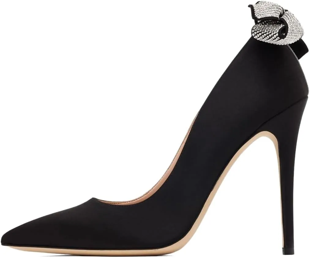 XYD Women's Sexy Classic Pointed Toe High Heels Back Rhinestone Bow Tie Slip On Pumps Stiletto Wedding Dress Party Satin Bridal Shoes